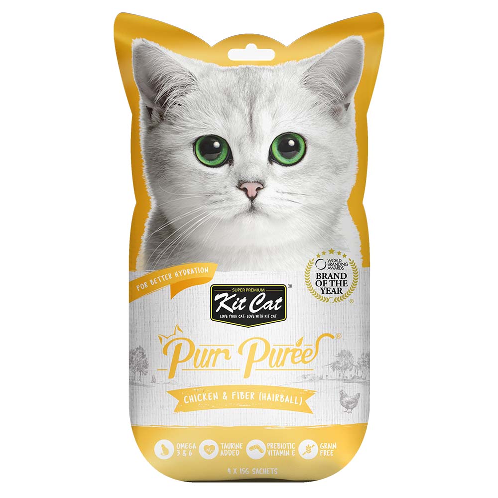 4 FOR $14 : Kit Cat Purr Puree Chicken & Fiber (Hairball) Cat Treats 75g